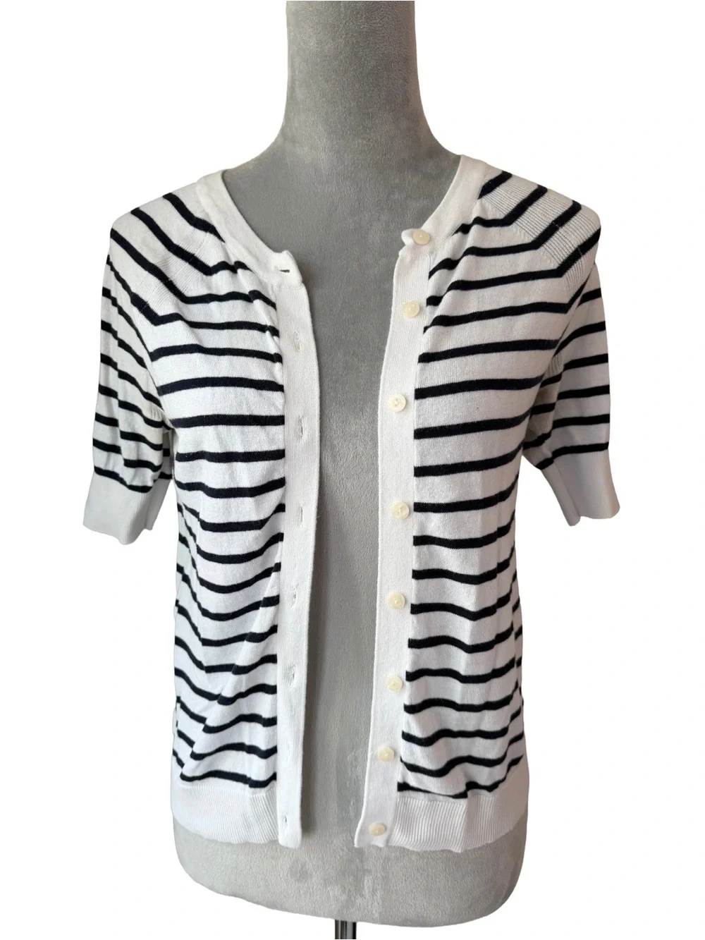 LOFT Striped Short Sleeve Cardigan Sweater Crewneck Button Front French Girl XXS